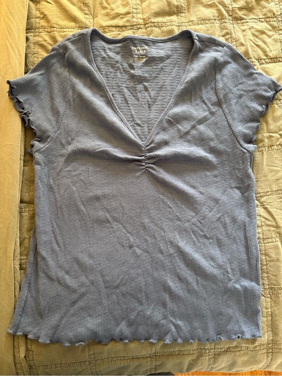 American Eagle Outfitters Tops - American Eagle Outfitters Blue Ribbed V-Neck Lettuce-Edge Tee